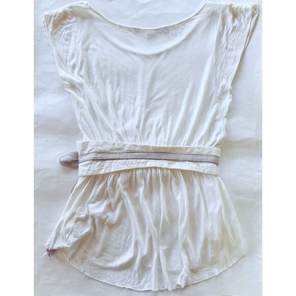 Anthropologie A Common Thread Obi Wrap Belt Scoop Neck Cap Sleeve Top in White S - Picture 4 of 11